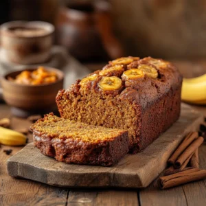 A freshly baked pumpkin banana loaf sliced on a wooden cutting board, with a warm autumn background featuring cinnamon sticks and coffee.