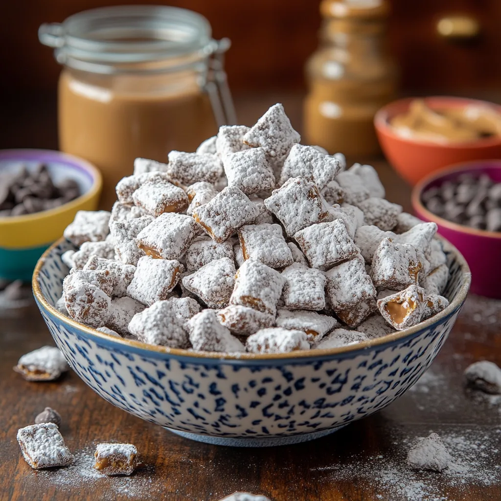 A bowl of freshly made Muddy Buddies coated in powdered sugar, surrounded by chocolate chips and peanut butter in a cozy snack setting.
