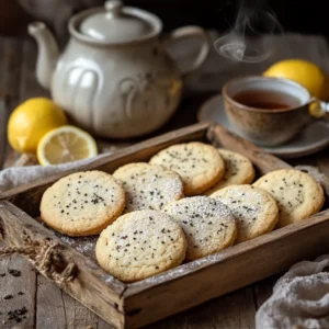 Freshly baked Earl Grey cookies on a rustic tray, with a steaming cup of tea and lemon slices in a cozy tea-time setting.