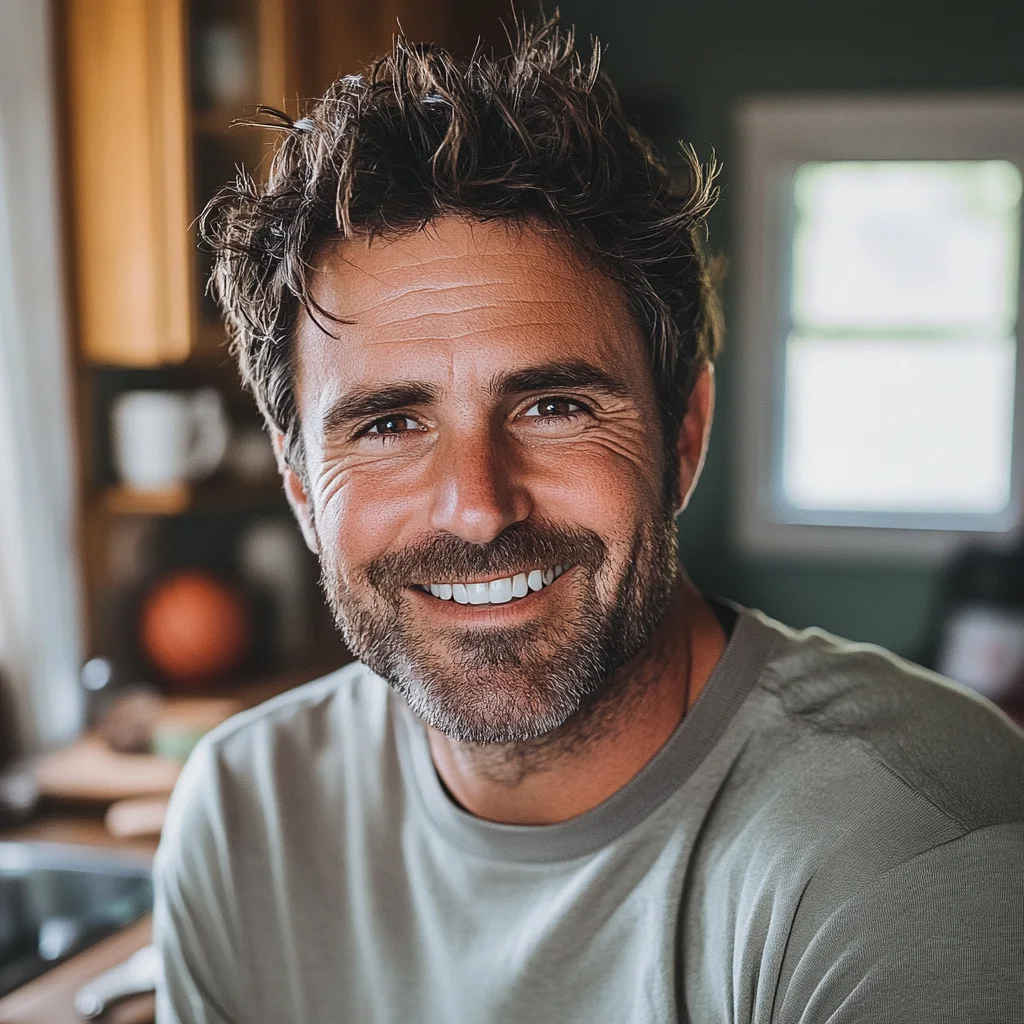 Charlie, a cheerful man with tousled brown hair and a neatly trimmed beard, smiling warmly in a cozy kitchen setting.