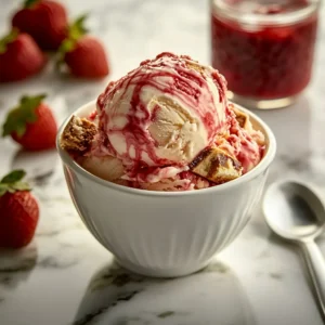 A scoop of Strawberry Cheesecake Ice Cream in a rustic white bowl, garnished with a fresh strawberry slice, crushed graham crackers, and a mint sprig.