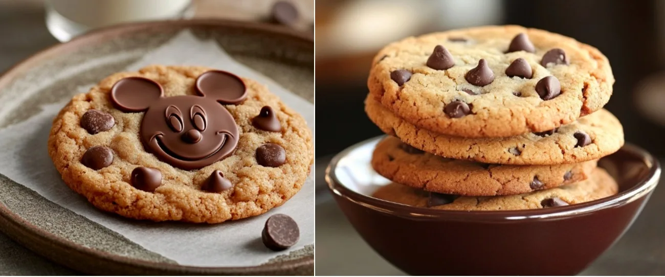 A cookie with a Mickey Mouse face design made from chocolate chips and a stack of chocolate chip cookies in a bowl.