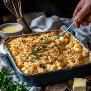 A baking dish of buffalo chicken mac and cheese being topped with panko breadcrumbs by hand.