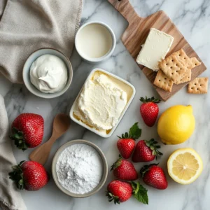 A flat lay of fresh strawberries, cream cheese, condensed milk, heavy cream, sugar, lemon slices, and graham crackers on a marble countertop.