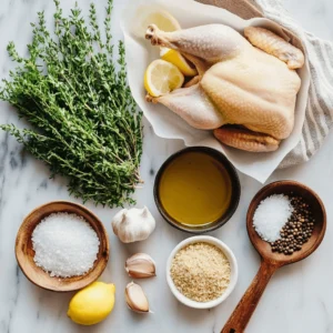 Flat lay of raw chicken, fresh herbs, garlic, lemon, olive oil, breadcrumbs, and seasonings on a marble countertop, ready for preparation.