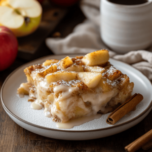 A serving of Apple Cinnamon Roll Casserole on a white plate, drizzled with glaze and garnished with powdered sugar and a cinnamon stick, with coffee and apples in the background.