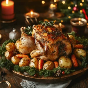 A beautifully roasted whole chicken with a golden herb-crusted skin, surrounded by roasted baby potatoes and glazed carrots, garnished with fresh herbs on a wooden serving platter. The background features warm holiday lighting with candles and festive decorations.