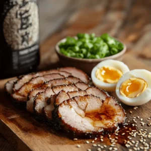 Sliced chashu pork, marinated eggs, and green onions arranged on a cutting board with nori sheets and sesame seeds nearby.