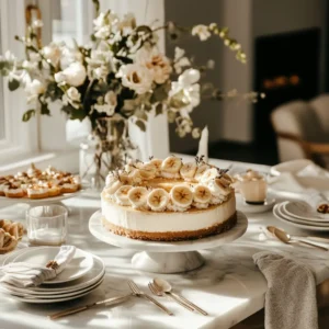 A dessert table with a banana pudding cheesecake centerpiece, surrounded by slices, fresh bananas, and whipped cream.