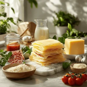 Essential ingredients for authentic Italian lasagna, including fresh pasta sheets, San Marzano tomatoes, Parmigiano-Reggiano, and fresh basil on a rustic kitchen countertop.