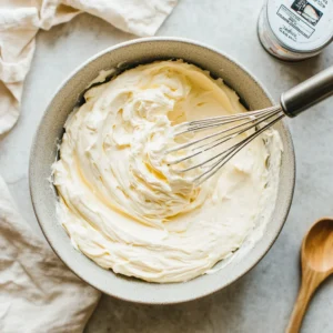 Softened cream cheese and condensed milk being whisked into a creamy mixture in a bowl on a rustic countertop.