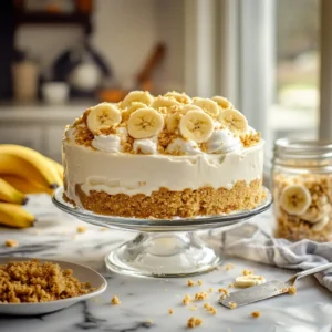 Decorating a banana pudding cheesecake with whipped cream, banana slices, and graham cracker crumbs on a marble countertop