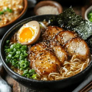 A bowl of ramen with pork chashu, marinated egg, fresh toppings, and sesame seeds served on a rustic wooden table with chopsticks and extra toppings on the side.