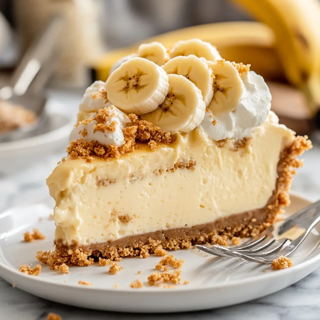 A slice of banana pudding cheesecake on a white plate, topped with whipped cream and banana slices, with a cup of coffee nearby.