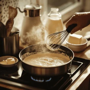 A saucepan on the stove with béchamel sauce being whisked, surrounded by butter, flour, and milk on a rustic countertop.