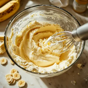 Blending cream cheese, sugar, and bananas for cheesecake filling with a hand mixer, surrounded by baking ingredients.