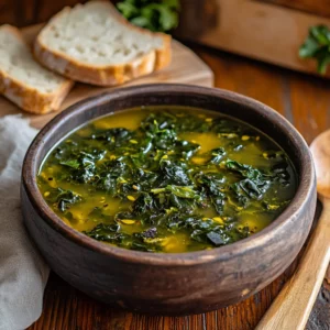 "Swamp soup in a rustic bowl on a wooden table, featuring leafy greens and golden broth, garnished with olive oil and black pepper