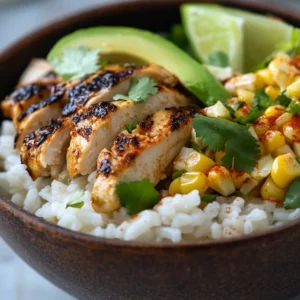 Close-up of a Street Corn Chicken Rice Bowl with fluffy rice, grilled chicken, creamy corn topping, avocado slices, and cilantro, served in a rustic ceramic bowl.
