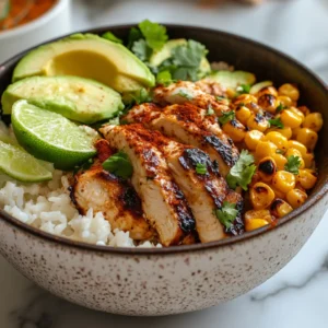 Close-up of a Street Corn Chicken Rice Bowl with grilled chicken, creamy street corn topping, avocado, cilantro, and lime, served on a marble countertop.