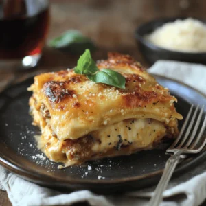 A plated serving of lasagna with visible layers of pasta, meat sauce, and melted cheese, garnished with basil.