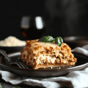 A plated serving of lasagna with visible layers of pasta, meat sauce, and melted cheese, garnished with basil