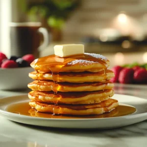 A stack of golden pancakes with butter and syrup on a white plate, surrounded by berries and a cup of coffee in a cozy kitchen.