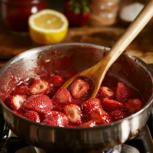 Fresh strawberries bubbling in a saucepan with sugar and lemon juice, stirred with a wooden spoon.