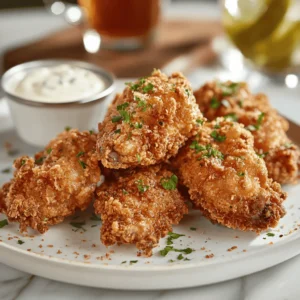 Golden-brown Southern fried chicken on a rustic plate, garnished with parsley and served with side dishes.