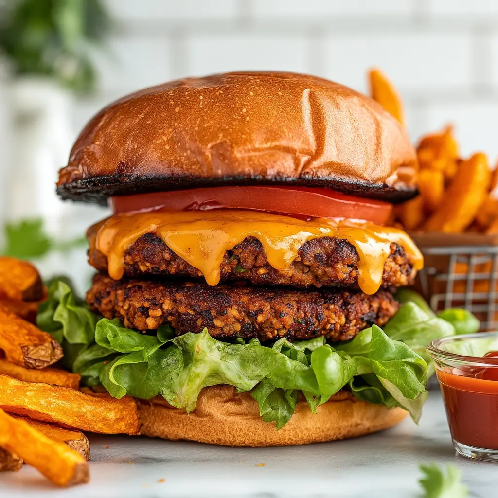 A mouthwatering vegan cheeseburger with melted cheese, fresh toppings, and sweet potato fries, styled in a cozy kitchen.