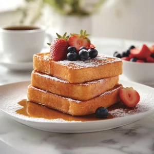 A stack of golden-brown French toast topped with syrup, fresh berries, and powdered sugar on a white plate.