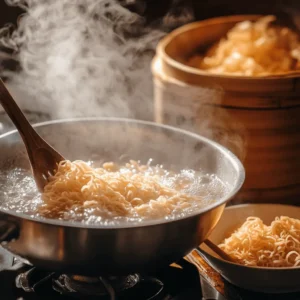 Fresh ramen noodles boiling in a pot of water, with a bowl of cooked noodles and chopsticks on the side.