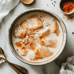 Raw chicken marinating in buttermilk with spices in a glass bowl on a marble countertop, surrounded by cooking ingredients.
