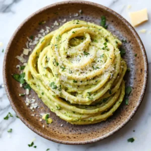 creamy artichoke linguine in a rustic bowl with garnishes and side ingredients on a marble countertop.