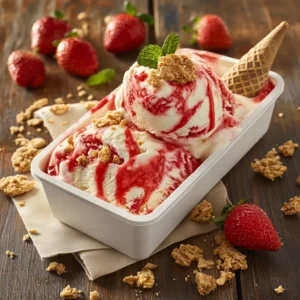 A container of Strawberry Cheesecake Ice Cream with vibrant strawberry swirls, served in a waffle cone, garnished with fresh strawberries and mint.