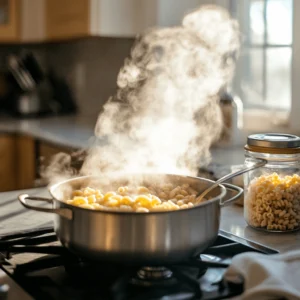 A pot of boiling water on the stove with elbow macaroni being stirred, surrounded by a jar of pasta and kitchen tools.
