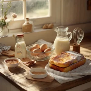 Essential French toast ingredients arranged on a rustic wooden countertop with natural sunlight streaming in