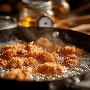 Southern fried chicken pieces frying in a cast-iron skillet with oil bubbling around them.