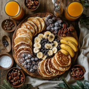 A family-style platter of pancakes with assorted toppings like bananas, pecans, and chocolate chips, surrounded by juice and syrup.