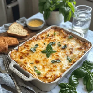 A baking dish filled with golden, bubbling lasagna, surrounded by basil and garlic bread on a rustic countertop