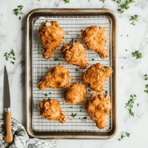 Golden-brown fried chicken resting on a wire rack over a baking sheet to drain excess oil.