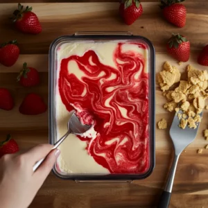 Cheesecake mixture and strawberry sauce being layered and swirled in a freezer-safe container, with graham crackers and strawberries nearby.