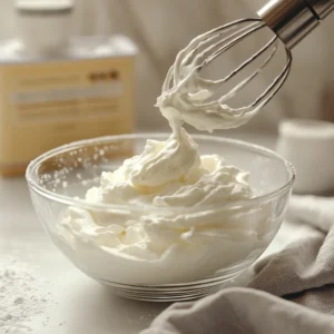 A glass bowl of heavy cream being whipped with a hand mixer to soft peaks, with a carton of cream nearby