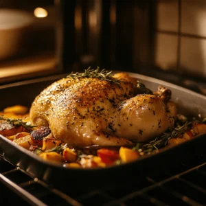 Herb-crusted chicken roasting in an oven atop a bed of vegetables, with golden skin and sizzling edges.