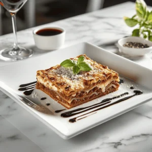 A neatly sliced lasagna on a white plate, garnished with basil and Parmigiano-Reggiano, with a balsamic drizzle.