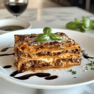 A neatly sliced lasagna on a white plate, garnished with basil and Parmigiano-Reggiano, with a balsamic drizzle.