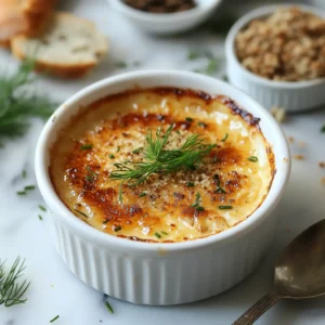 A sophisticated crab brûlée, served in a small, elegant ramekin with a golden, caramelized top, garnished with a delicate herb.