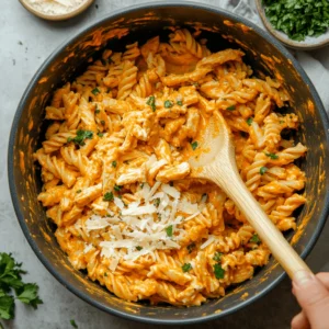 Cooked pasta, buffalo chicken, and cheese sauce being mixed in a large bowl with garnishes nearby