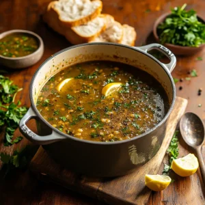 Family-style serving of swamp soup in a large pot with smaller bowls, garnished with parsley and lemon, on a wooden dining table