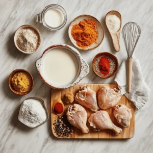 Flat lay of raw chicken, buttermilk, spices, flour, and cooking tools on a marble countertop.