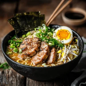 A steaming bowl of ramen with golden broth, noodles, pork chashu, marinated egg, green onions, bean sprouts, nori, and sesame seeds on a rustic wooden table.